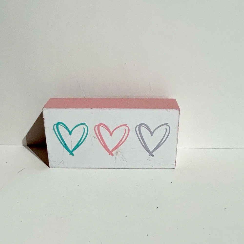 Wood Block Hearts Pink Green Purple Pastel 4x2x1” Table Decor Valentine’s Day
